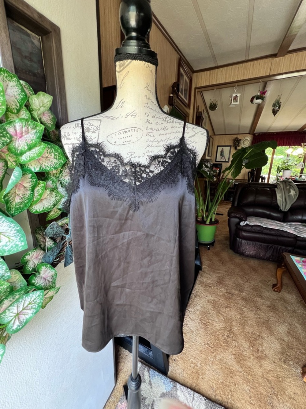 Women’s the drop Satin Camisole Black Lace Trim XL.